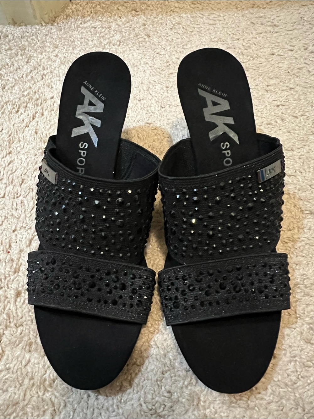 Anne Klein Sport Black Rhinestone Embellished Slide Sandals Low Wedge Heel Sz 8